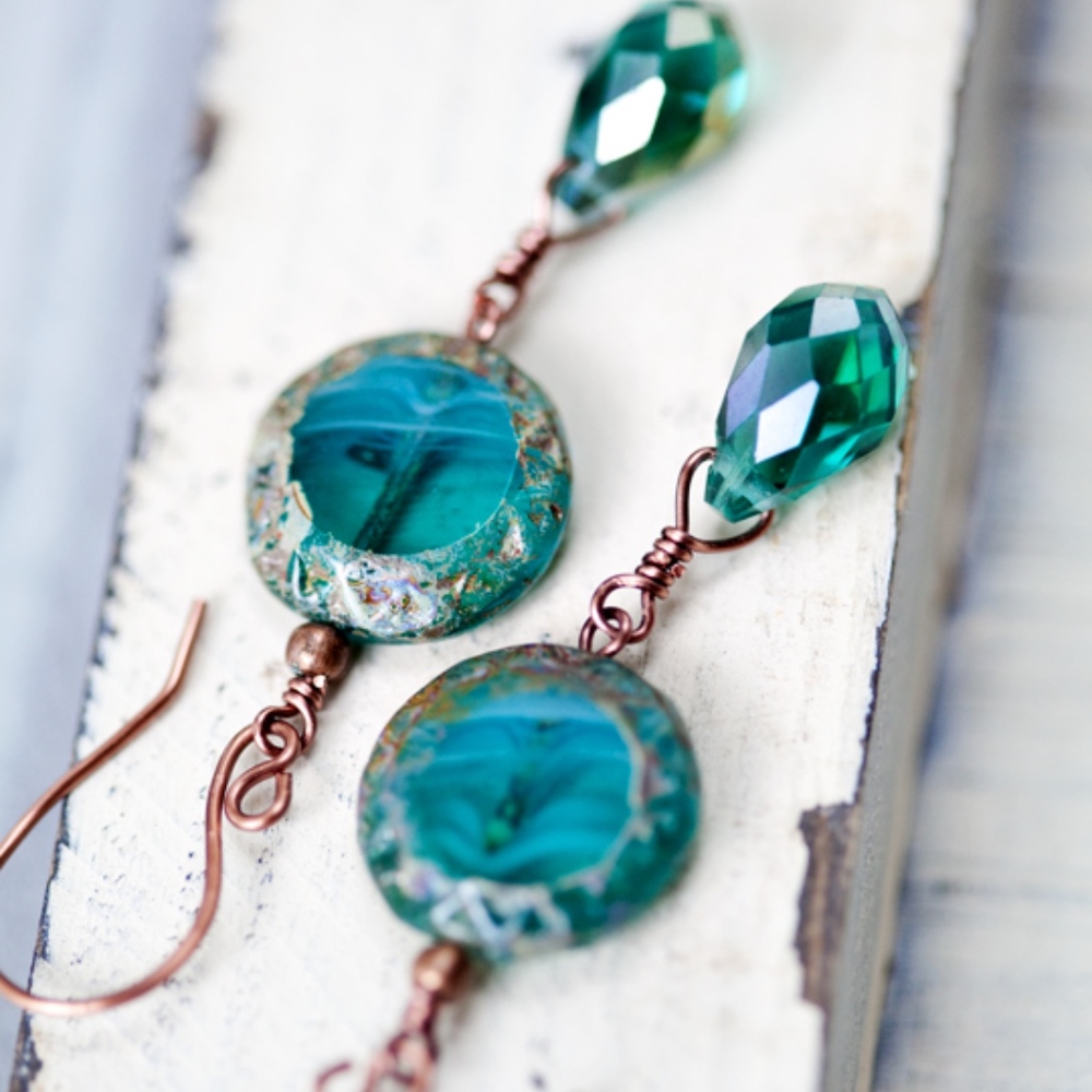 Turquoise Blue Copper Earrings Teardrop Handmade